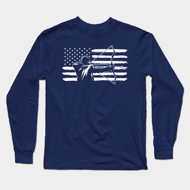 Retro Vintage Style American Flag Bow Hunting Gift For Hunter Long Sleeve T-Shirt by HCMGift